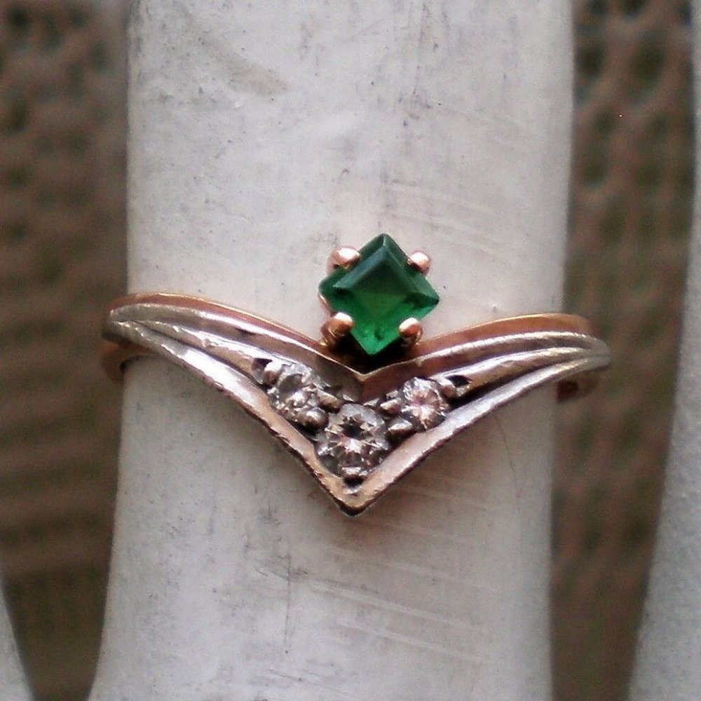 European Solid 14K 585 Two Tone Rose Pink White Gold Diamond Emerald RING